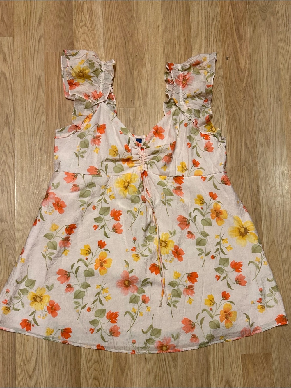 Floral Tie-Front Ruffle dress- White with Orange & Yellow Flowers